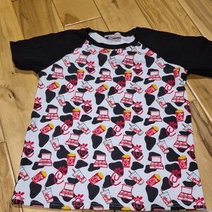 Black and White Short Sleeve Tee with Playful Chickfila Cow Pattern size 10/12